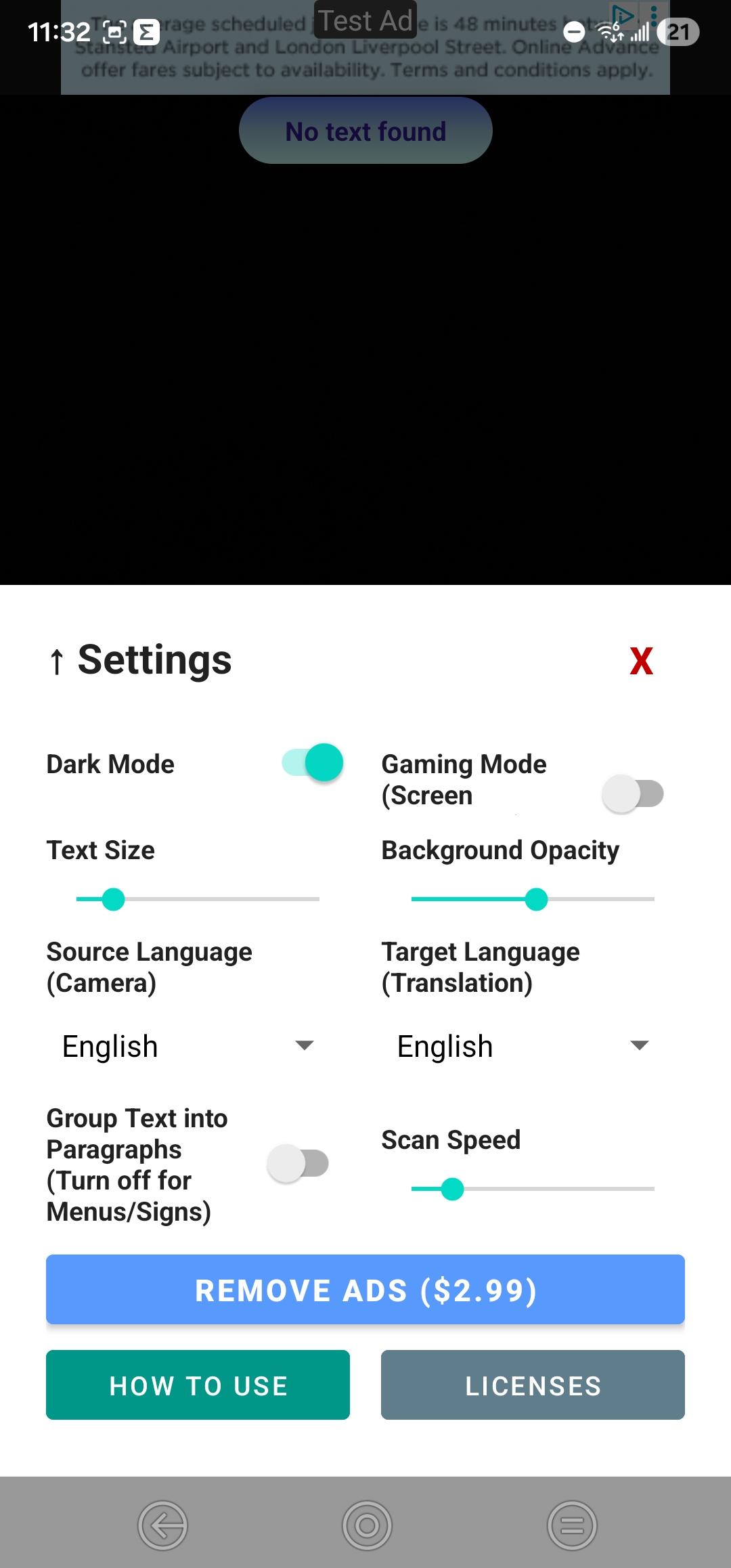 Mobile Settings and Selection Menu